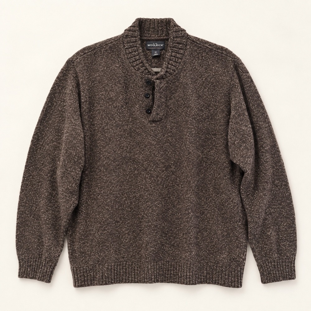 Woolrich Mens XL Brown Marled Knit Shawl Collar Button Pullover Sweater 13006